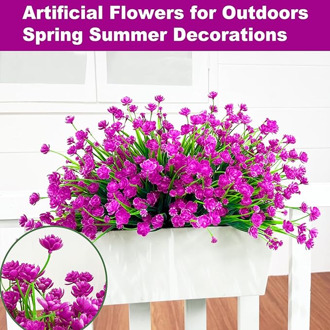 12 Bundles Artificial Flowers for Outdoors Summer Decor, Realistic UV Resistant Fake Plants Faux Plastic Flowers for Outside Planter Home Gardens Patio Porch Yard Spring Cemetery Decor(Magenta)