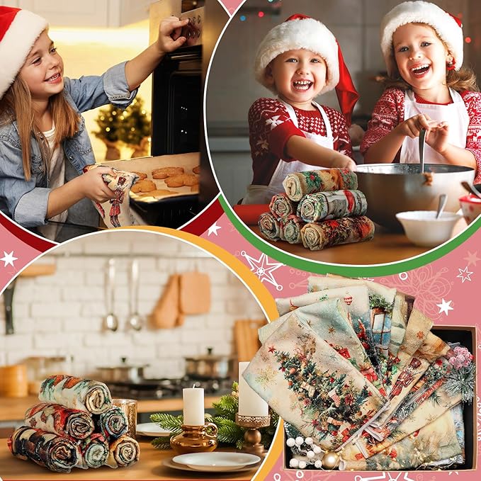 12 Pcs Christmas Kitchen Towels and Dishcloths Absorbent Christmas Tree Reindeer Truck Hand Dish Towels Decoration for Xmas Home Gift Supplies, 14.2 x 21.3 Inch (Vintage Fashion)