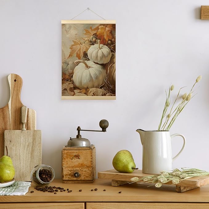 TLESKE Rustic Fall Pumpkins Poster Hanger Frame, Vintage Aesthetic Farmhouse Autumn Hanging Wall Art Room Decor for Living Room Bedroom Kitchen, Thanksgiving Wall Prints Pictures Artwork, 12x16
