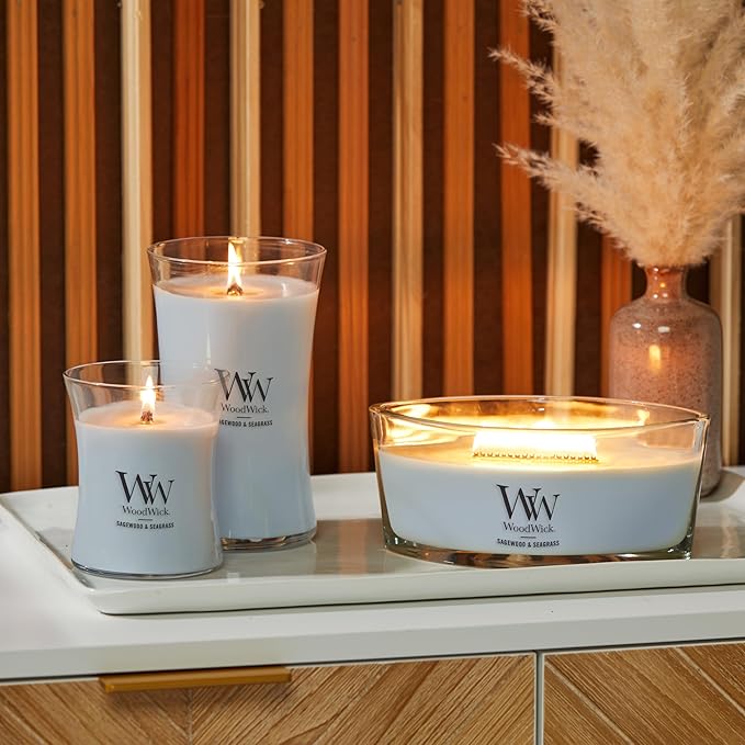 WoodWick Medium Hourglass Candle Sagewood/Seagrass - Premium Soy Blend Wax Pluswick Innovation Wood Wick Made in USA