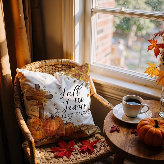 Christian Fall Pillow Covers 18x18, Farmhouse Autumn Decor, Fall for Jesus He Never Leaves Autumn Maple Leaf Pumpkin Decorative Throw Pillow Covers for Home Bedroom Living Room