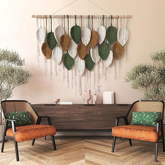 KHOYIME Large Macrame Wall Hanging Boho Woven Tapestry, Chic Home Decor Modern Bohemian Handmade Leaf Feather Wall Art Decorations for Apartment Dorm Living Room Bedroom Nursery Backdrop 39"W X 29.5"L