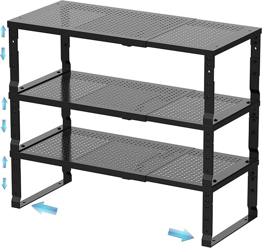 Expandable Spice Rack & Kitchen Cabinet Organizer - Stackable, Adjustable Shelves for Cabinets, Countertops, Cupboards & Pantries(3 Packs/Medium/Black)