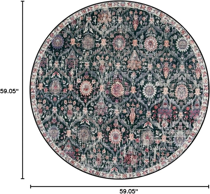 Lahome Moroccan Trellis Washable Round Area Rug, Round Rug 5ft Soft Non-Slip, Non-Shedding Distressed Circle Carpet for Bedroom Living Room Bathroom Nursery Kitchen, Black/Multi