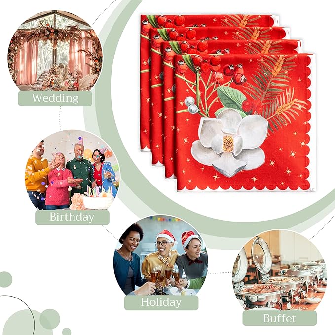 Maison d' Hermine Cloth Napkins Set of 4 100% Cotton Everyday Reusable Square Napkins Cloth Washable, Dinner, Party, Wedding, Restaurant (Noel, 20" x 20")