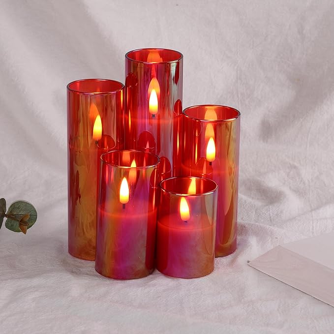 Eywamage Red Glass Flameless Candles with Remote Batteries, Flickering Slim Tall LED Candles Christmas Decor Set of 5