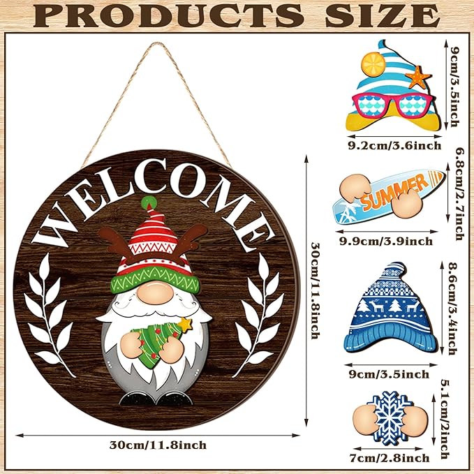 Qunclay Interchangeable Wooden Gnome Decor Holiday Seasonal Gnome Decorations with Magnet Pieces and Detachable Hats Changeable Welcome Sign for Home (Elegant Style)