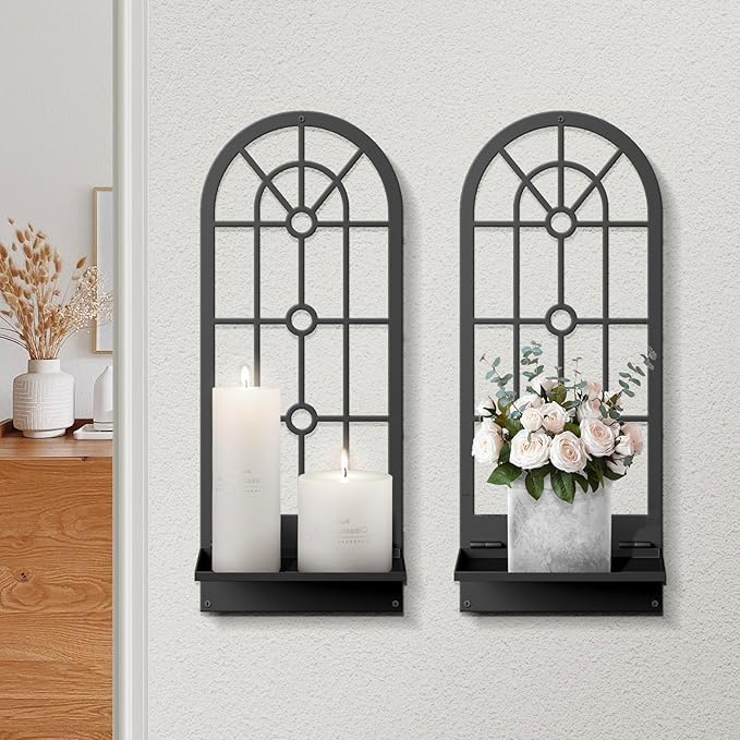 Wall Candle Holder, Black Boho Metal Wall Art Decor, Bohemian Line Wall Candle Holder for Living Room, Dining Room, Bedroom, Bathroom (16.5 x 7 in)