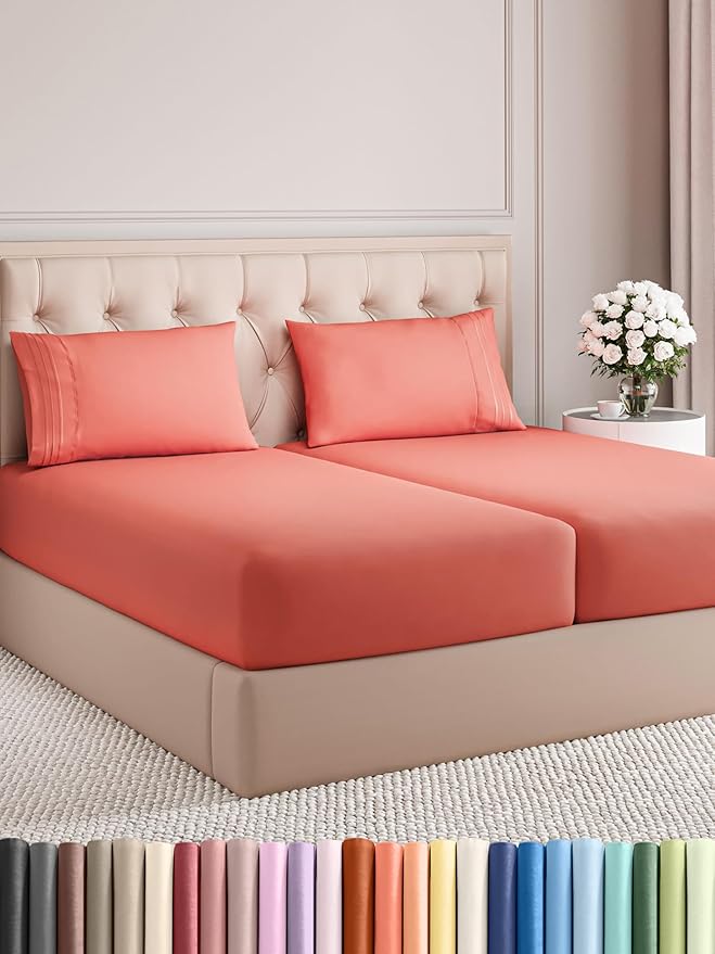 Split King Size 5 Piece Sheet Set - Comfy Breathable & Cooling Bed Sheets Set - Hotel Luxury Bedding for Women, Men, Kids, Teens, Boys & Girls - Deep Pockets, Soft and Wrinkle Free - Oeko-Tex - Coral