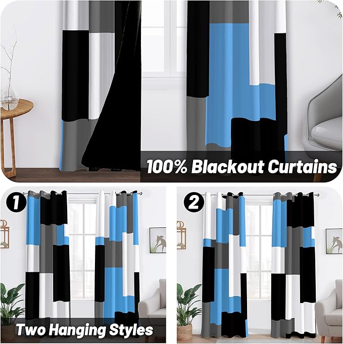 Light Blue 100% Blackout Curtains for Bedroom 108 inch Extra Long 2 Panels Set Black Grey Modern Abstract Geometric Black Out Curtains Room Darkening Window Drapes for Living Room, 52Wx108L