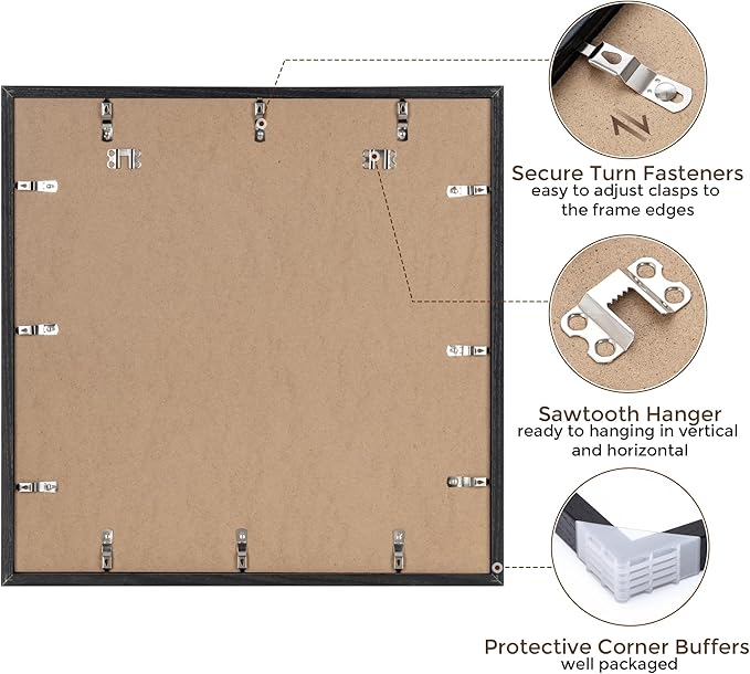 20x20 Black Picture Frame, Solid Oak Wood 20 by 20 Frame, Black Square Picture Frame 20 x 20 with mat for 16 x 16, 20x20 Wood Frame for Home Decor, 20 x 20 Poster Frame, Tempered Glass, 1 Pack
