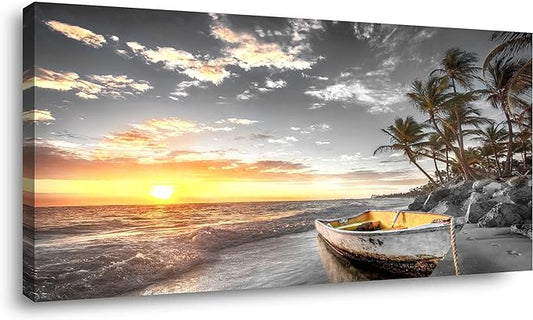 Beach Wall Art Canvas Prints Art Black and White Sunset Seascape Pictures Bedroom Decor Boat Tree Ocean Landscape Painting for Living Room Office Decoration Natural Scenery Artwork 20x40inches