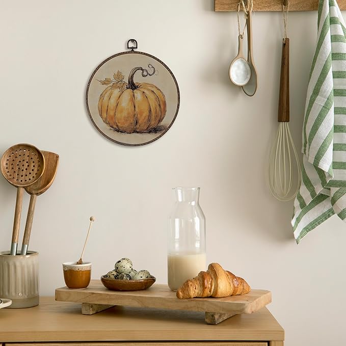 XNXLDYLH Vintage Fall Pumpkin Round Framed Wall Art Decor, Rustic Thanksgiving Farmhouse Hanging Wall Decor Decorations, Autumn Fall Canvas Prints Wall Art Paintings for Bedroom Living Room, 10x10Inch