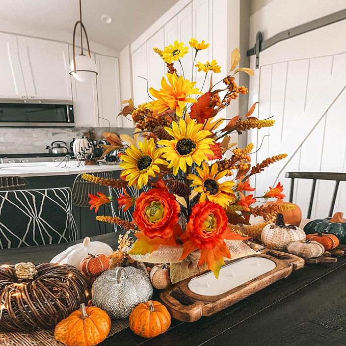 Fall Table Tree, Tabletop Artificial Fall Tree with Sunflowers Berries Maple Leaves Burlap Base Fall Decorations for Autumn Office Home Harvest Thanksgiving Party