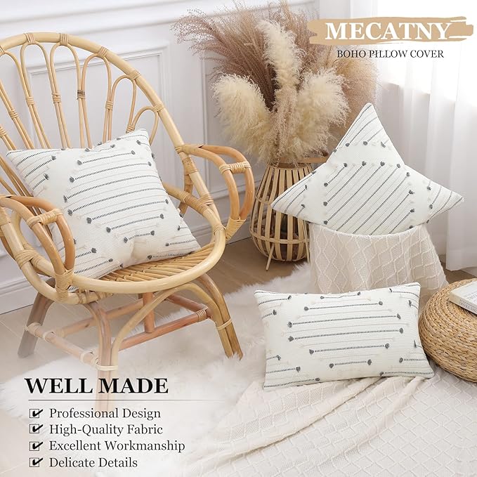 Mecatny Boho Outdoor Throw Pillow Covers 18X18 Set of 2, Farmhouse Decorative Pillow Covers for Couch Sofa Living Room, Beige & Grey