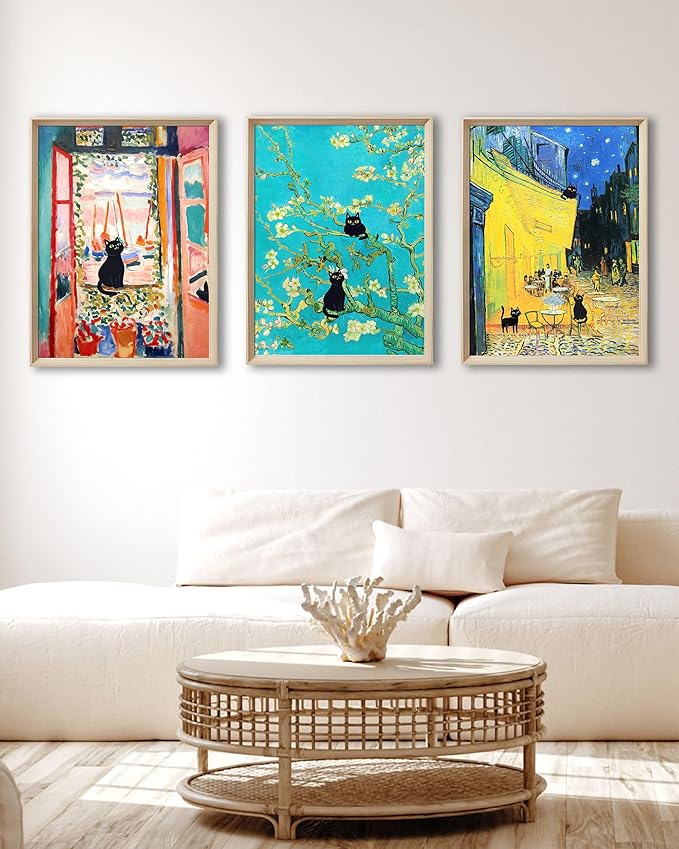 UPWOIGH 12"x16" Wood Framed Wall Art, Black Cats Canvas Wall Decor, Set of 3, Henri Matisse and Van Gogh Prints Poster, Funny Cute Animal Pictures for Living Room, Bathroom, Gifts