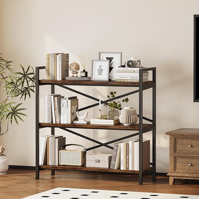 Homeiju 3 Tier Bookshelf 31.49" Width, Wood and Metal Etagere Bookcase, Vintage Farmhouse Modern Wooden Big Book Shelf for Home Living Room Bedroom Office Storage(Rustic Brown)