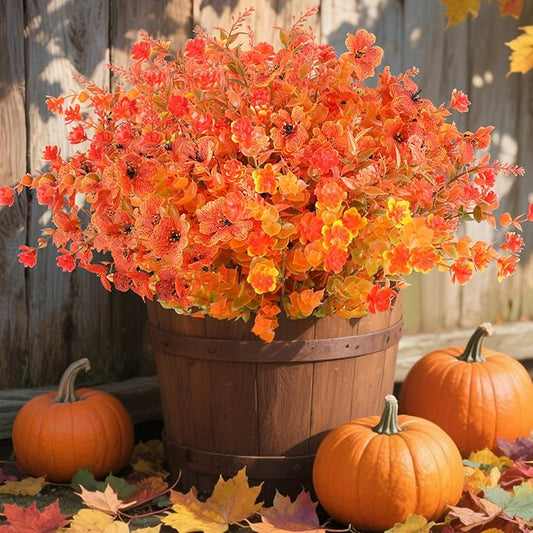 AmyHomie 16 Bundles Mix Orange Artificial Fall Flowers for Outdoor Fall Decor UV Resistant Fake Mums No Fade Fake Plastic Plants Garden Porch Window Box Decorating