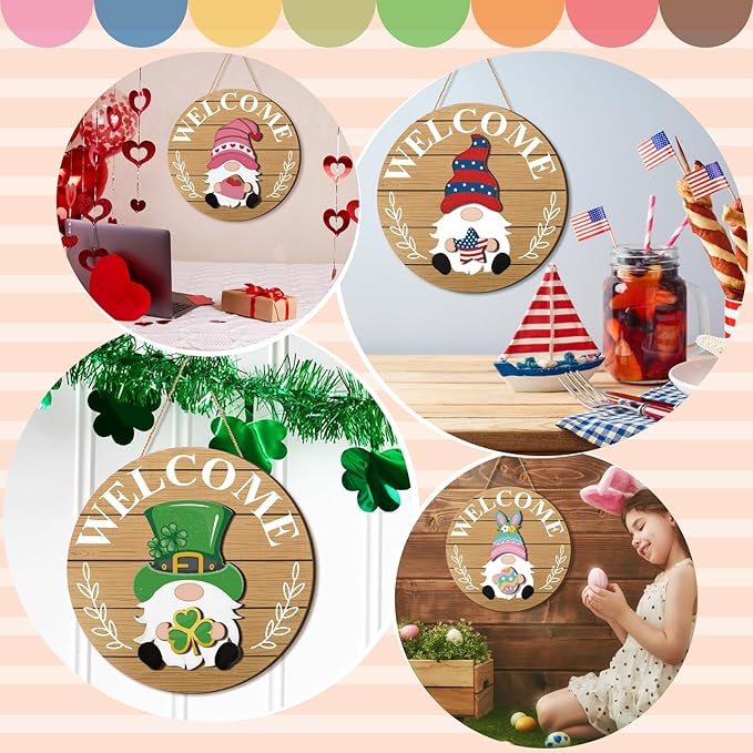 Qunclay Interchangeable Wooden Gnome Decor Holiday Seasonal Gnome Decorations with Magnet Pieces and Detachable Hats Changeable Welcome Sign for Home(Delicate Style)
