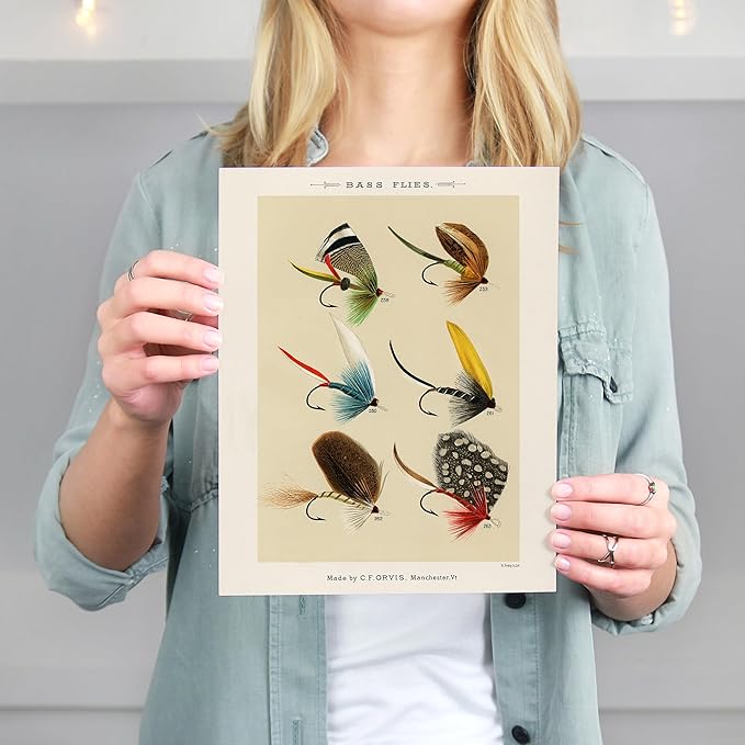 Vintage Fly Fishing Art Prints (Set of 4) - Unframed - 8x10 | Great Gift for Fisherman - Reproductions of Vintage Fishing Lure Drawings - Rustic Decor