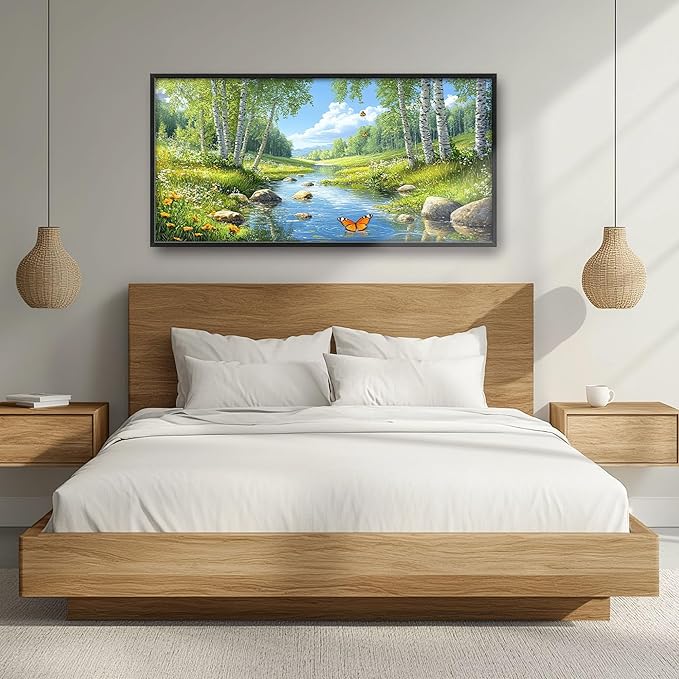 Large Forest Wall Art for Living Room, Lake Butterfly Tree Oversized Wall Decor Pictures, Nature Landscape Framed Canvas Print Painting, Artwork for Bedroom Office Home Decor 60"x30"