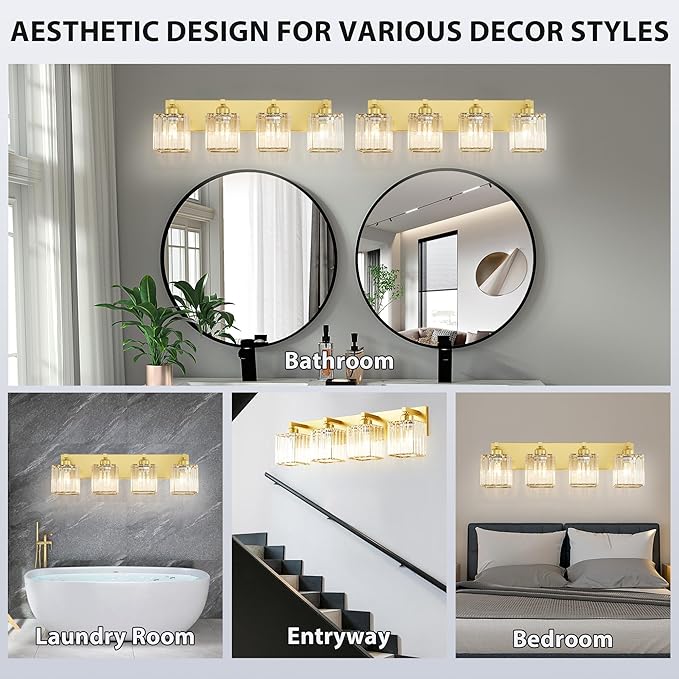 Bathroom Vanity Light Fixtures Over Mirror - Makeup Lighting Pure Gold - for Modern Wall, Bath, Desk, Farmhouse, Hallway 4 Crystal Lights