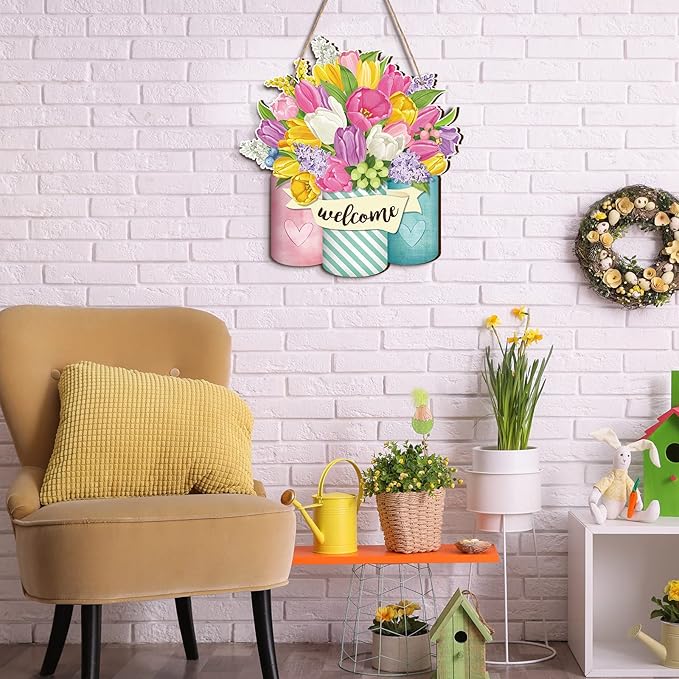 Spiareal Flower Welcome Sign Spring Front Door Decor Wood Hanging Door Outdoor Sign Spring Summer Welcome Pink Flower Wreaths Decorations for Farmhouse Floral Porch (Bright Style)