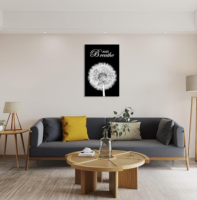 YIOZHAOFH Black Dandelion Picture Artwork Bedroom Decoration Just Breathe Canvas Painting Photo Relaxing Bathroom Art Wall Decor Framed for Home Meditation Room Office Dorm (12L x 16W)