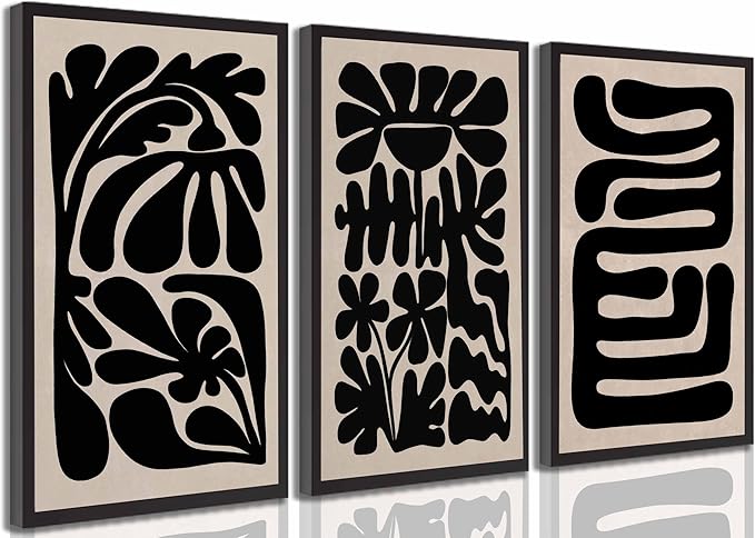 3 Pcs Boho Abstract Floral Canvas Wall Art Mid Century Modern Minimalist Black Neutral Flower Botanical Picture Wall Decor Poster Print Artwork for Living Room Bedroom Home Decoration Unframed