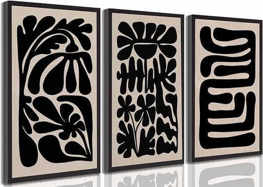 3 Pcs Boho Abstract Floral Canvas Wall Art Mid Century Modern Minimalist Black Neutral Flower Botanical Picture Wall Decor Poster Print Artwork for Living Room Bedroom Home Decoration Unframed