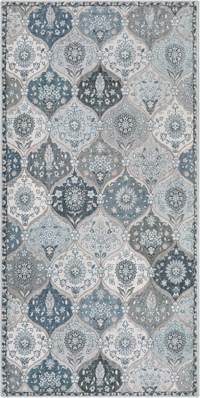 Lahome Moroccan Trellis Small Area Rug, 2x4 Rugs for Entryway Non-Slip Vintage Ultra-Thin Washable Indoor Door Mat Distressed Throw Carpet for Bathroom Kitchen Bedroom, Blue