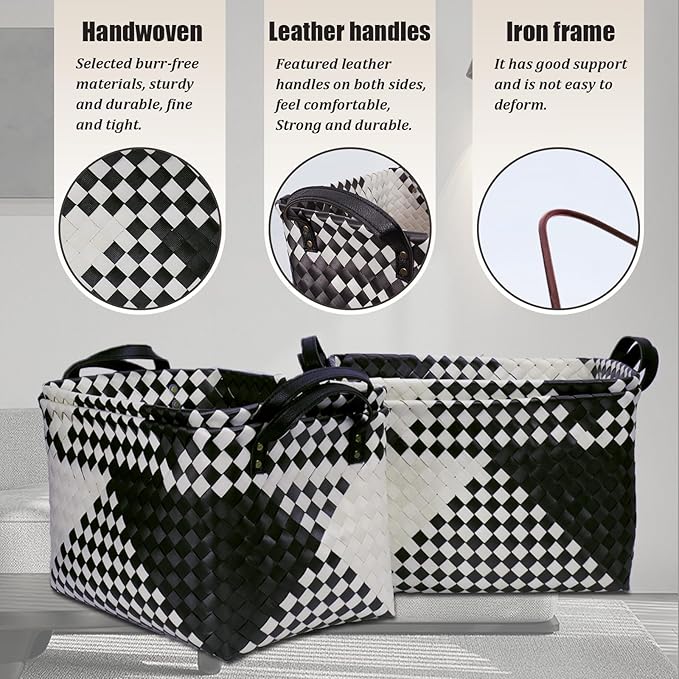 BROWNLILY Handwoven Clothes Basket Laundry Hampers Large Wicker Storage Baskets for Shelves Blankets Closet Storage Bins Car Bedroom Bathroom Organizers and Storage Bath (Pack of 4, Beige & Black)