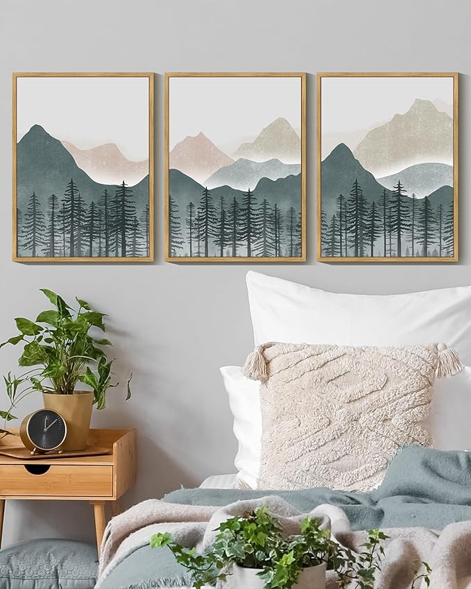 KUVIOKE Mountain Landscape Framed Wall Art Boho Nature Forest Paints Rustic Farmhouse Decor for Bedroom Dining Room Living Room 11x14in (Natural Framed)
