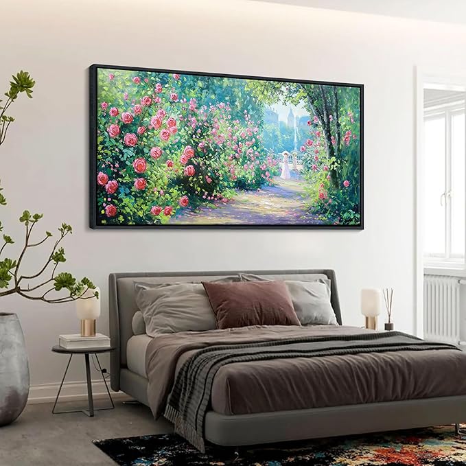 CHATYOUNG Framed Canvas Wall Art, Large Landscape Wall Painting 24"X48" Blooming Roses Spring Wall Art Green Plant Pictures for Living Room Bedroom Kitchen Home Decor Gifts for Women
