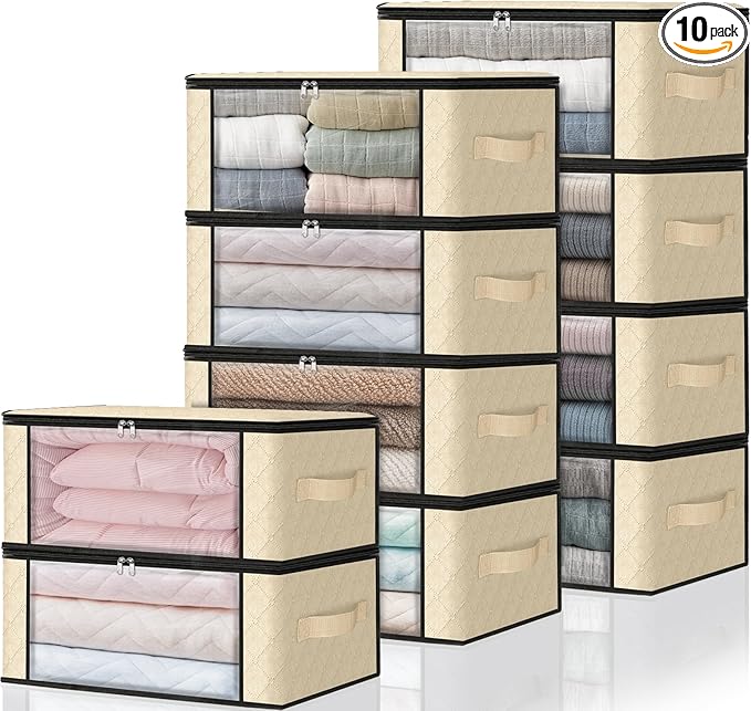 HomeHacks Storage 10-Pack Clothes Organizer Storage Bags Foldable Storage Box with Large Clear Window Sturdy Handles for Closet, Dorm, Pillows, Bedding, Clothes, Blankets, 35L, Beige