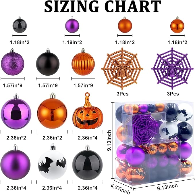 Halloween Ornaments Tree Decorations, 61 Pack Shatterproof Halloween Hanging Ball Ornaments Set with Loop for Party Holiday Indoor Home Decor