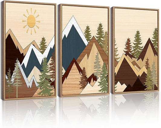 KUVIOKE Morden Mountains Pine Tree Forest Framed Wall Art Sunrise Boho Nature Landscape Artwork Bohemain Farmhouse Bedroom Living Room Decor 11x14in (Natural Framed)