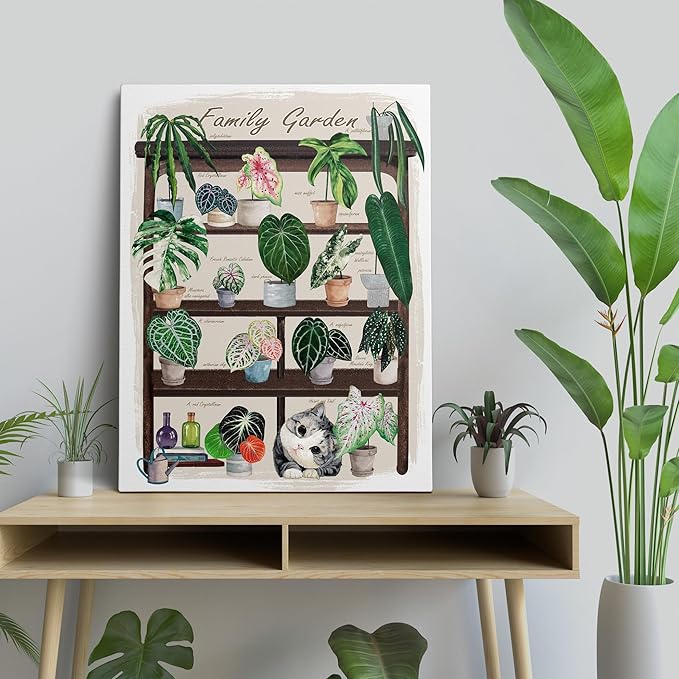 TimAsh Framed Funny Cat Botanical Wall Art Family Garden Modern Green Plant Decor Tropical Boho Style Cute Kitten Canvas Prints for Bedroom Bathroom Living Room 16'' x 12''