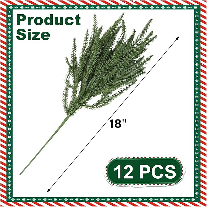 DR.DUDU 12 Pack Christmas Norfolk Pine Stems-18 Real Touch Artificial Christmas Greenery for DIY Wreaths, Garland & Holiday Decor, Xmas Tree Filler Branches for Vases, Mantel Tabletop Decorations