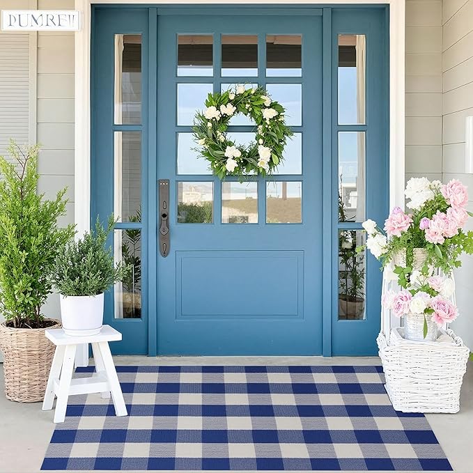 SEEKSEE Cotton Buffalo Plaid Rug 3'x5' Blue and White Checked Rug Washable Doormats Indoor Outdoor Rugs for Layered Front Door Mats, Porch, Kitchen, Farmhouse, Entryway