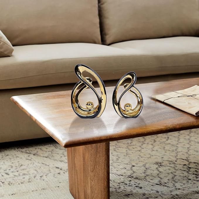 2 Pcs Black and Gold Decor Table Sculpture Decorations Ceramic Statue Mid Century Modern Decor Figurine Centerpieces for Dining Room Living Room Fireplace Shelf Office Coffee Table Decor