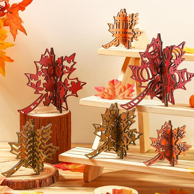 Soaoo 12 Pcs Fall Leaves Decorations Farmhouse 3D Thanksgiving Table Centerpiece Decor Wooden Maple Leaf Block Signs for Autumn Harvest Tiered Tray Party Shelf Display