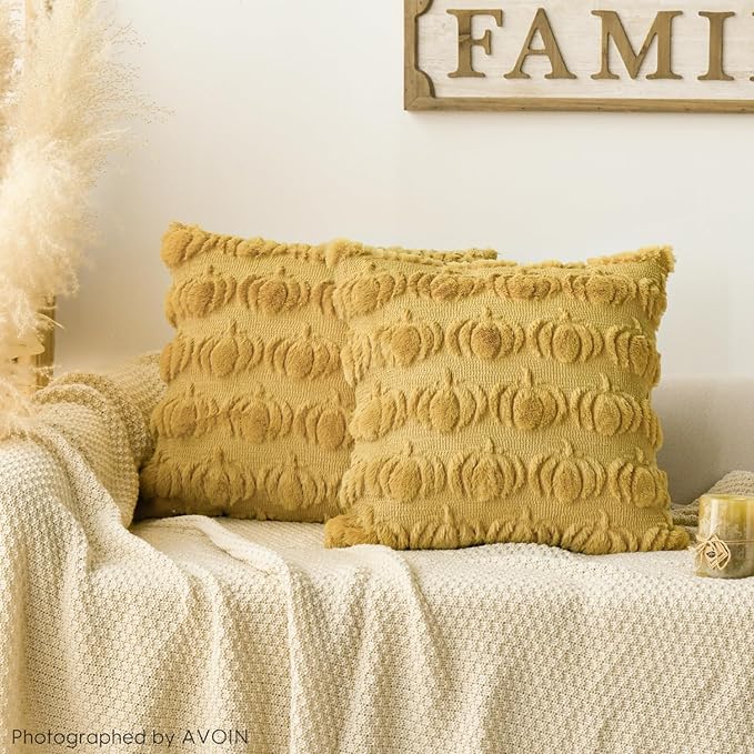 AVOIN colorlife Fall Pumpkin Ginger Throw Pillow Covers, 16 x 16 Inch Seasonal Autumn Thanksgiving Harvest Decoration Soft Plush Faux Fur Jacquard Cushion Case Decoration for Sofa Couch Set of 2