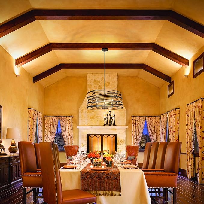 23.6'' Large Vintage Round Chandelier, 6-Light Modern Farmhouse Lantern Chandelier, Antique Double Drum Chandelier for Dining Room Entryway Kitchen Island Foyer, Silver with Gold Interior