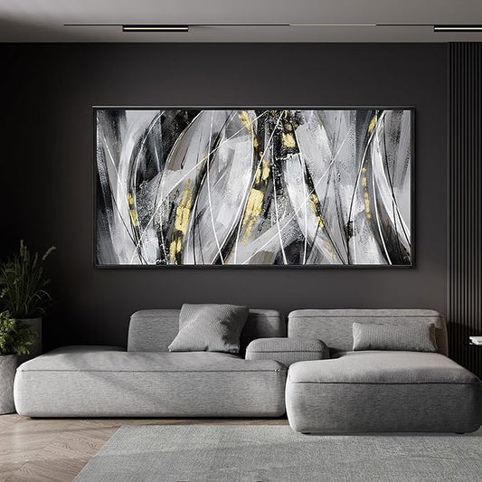 KLAKLA Abstract Frame Wall Art - Black and White Picture for Living Room Black and Gold Framed Artwork Canvas Art Work for Office Home Decor Bedroom Wall Decoration - 48x24 Inches