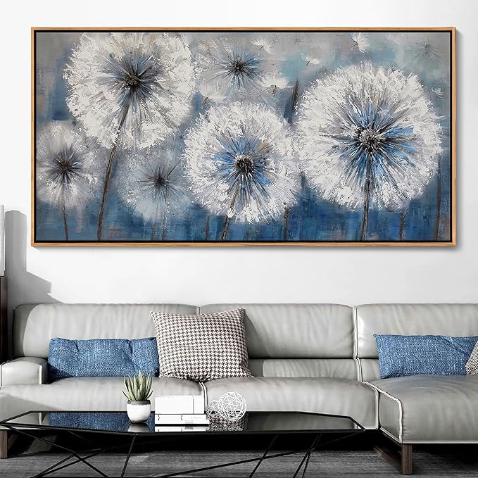 Dandelion Canvas Print - Framed Wall Art for Living Room & Bedroom - Large White Flower Flora Home Decoration (With Solid Wood Dark Frame)