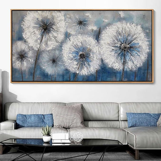 Dandelion Canvas Print - Framed Wall Art for Living Room & Bedroom - Large White Flower Flora Home Decoration (With Solid Wood Dark Frame)