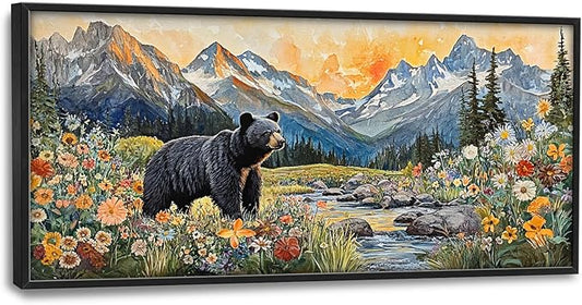 Extra Large Framed Abstract Black Bear Mountain Wall Art,Colorful Wildflower Forest Landscape Wall Decor Pictures for Living Room,Canvas Print Painting Modern Artwork Bedroom Office Bathroom 60L x30W