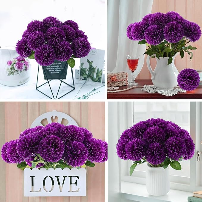 Hananona 12 Pcs Artificial Chrysanthemums Flowers Purple Flowers, Fake Mums Silk Vintage Flower for Home Decor Indoor Floral Arrangement Table Centerpiece (12, Purple)