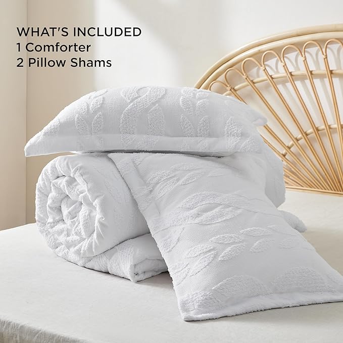 Bedsure King Size Comforter Set White, Boho Tufted Bed Set, Farmhouse Jacquard Cable Knit Pattern Bedding, 3 Pieces, 1 Shabby Chic Fluffy Comforter & 2 Pillow Shams